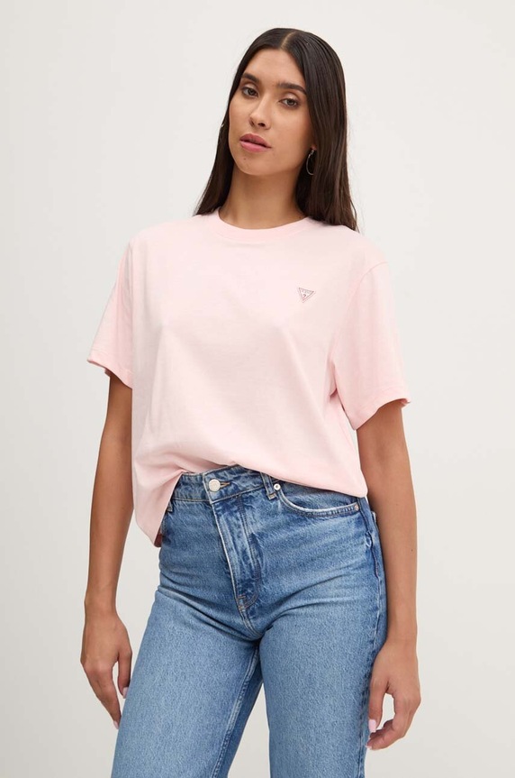 Pamučna majica Guess Jeans bez uzorka roza W4YI05.K8HM0