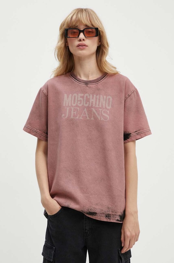 Džínové tričko Moschino Jeans kulatý růžová 0212.8222