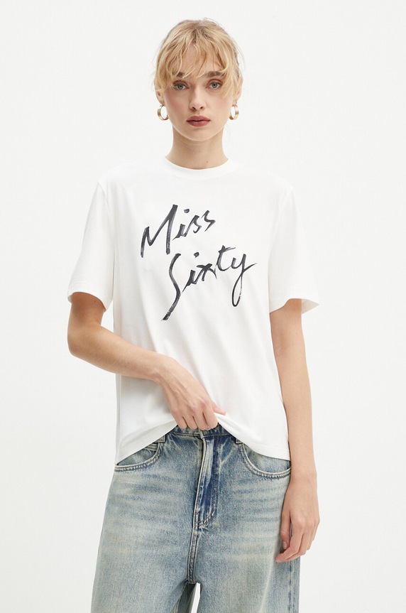 Miss Sixty t-shirt z domieszką jedwabiu pozostałe beżowy 6L3SJ3780000