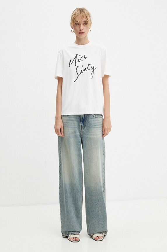 Miss Sixty t-shirt z domieszką jedwabiu 6L3SJ3780000 beżowy AW24