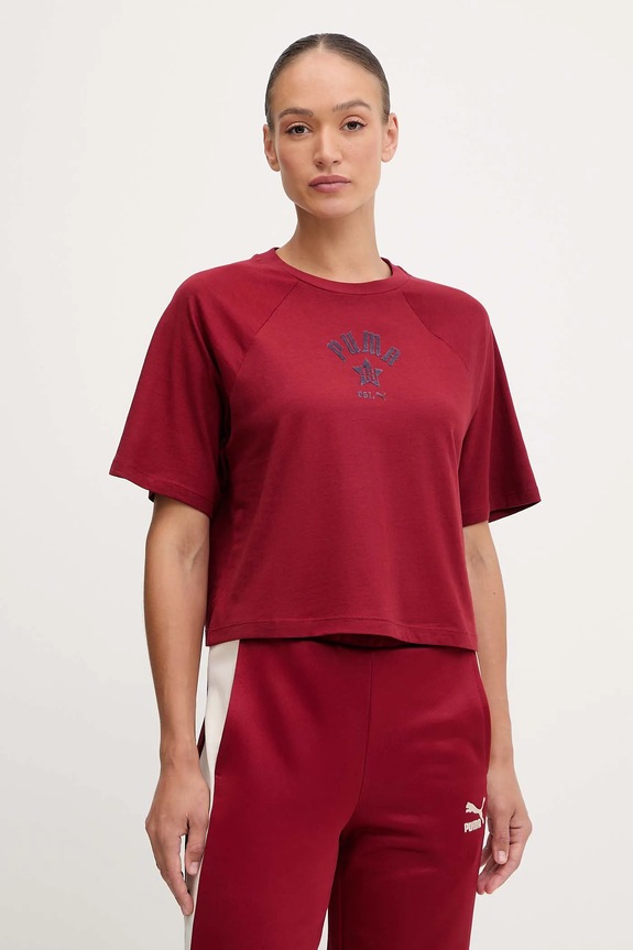 Puma t-shirt bawełniany Classics Play Paris Relaxed Tee nadruk bordowy 626808