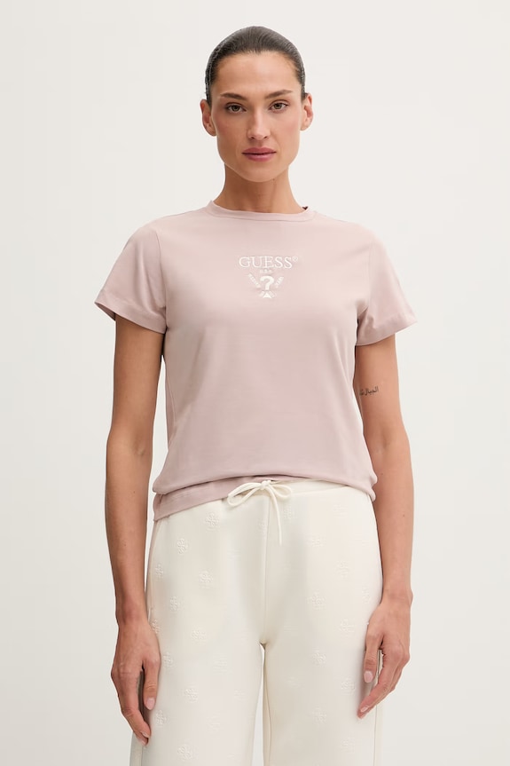 Guess T-shirt damski bawełniany z elastanem COLETTE różowy V4YI21.KCDH1
