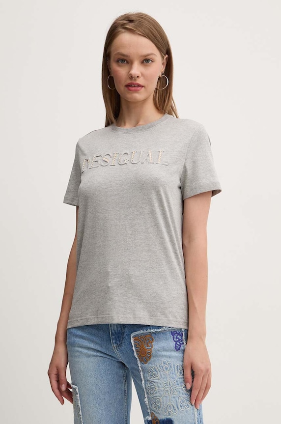 Desigual tricou din bumbac BRANDY print gri 24WWTK24