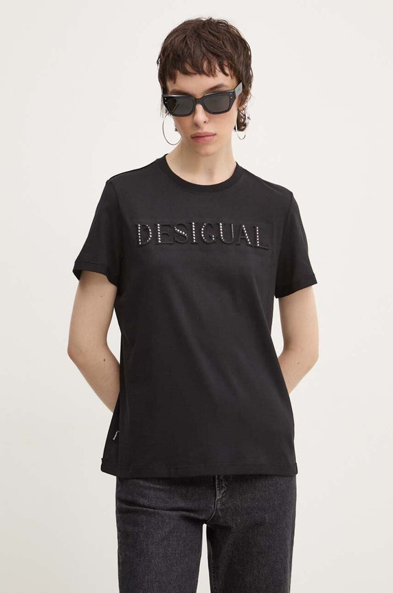 Βαμβακερό μπλουζάκι Desigual BRANDY μαύρο 24WWTK24