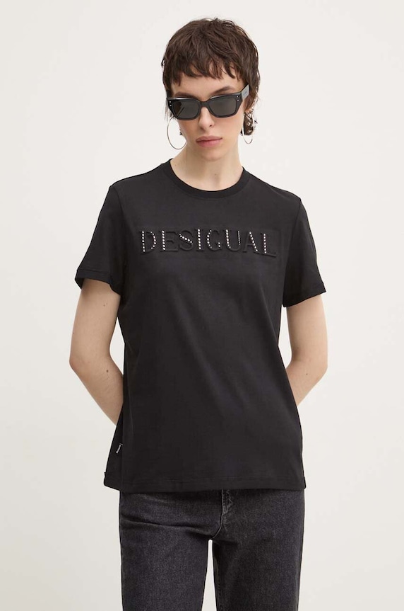 Βαμβακερό μπλουζάκι Desigual BRANDY μαύρο 24WWTK24