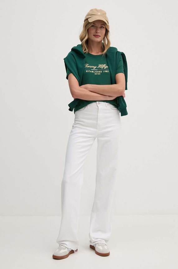Bavlněné tričko Tommy Hilfiger WW0WW43502 zelená AW24