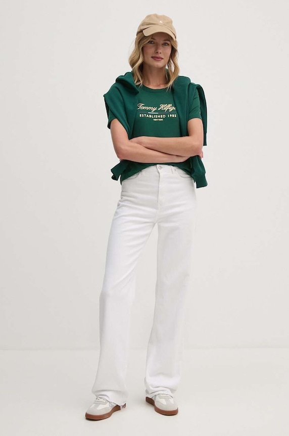 Bavlněné tričko Tommy Hilfiger WW0WW43502 zelená AW24