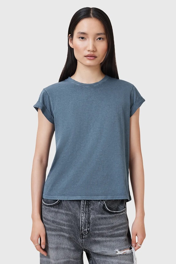 Bombažna kratka majica AllSaints ANNA Okrogel modra W191JB