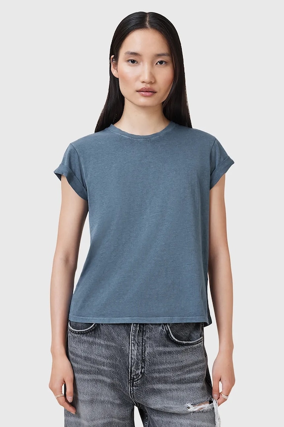Bombažna kratka majica AllSaints ANNA Okrogel modra W191JB