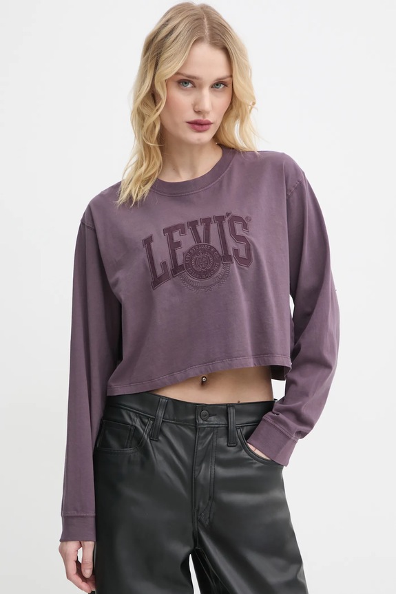 Bavlněné tričko s dlouhým rukávem Levi's kulatý fialová A9418