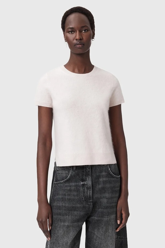 AllSaints tricou din cașmir REBEL TEE uni roz W118KB