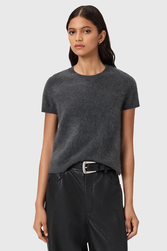 AllSaints tricou din cașmir REBEL TEE uni gri W118KB