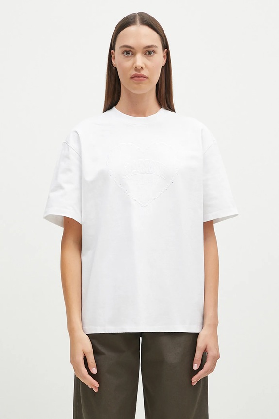 GANNI t-shirt bawełniany Heavy Cotton Drop Shoulder Heart bawełna biały T4033
