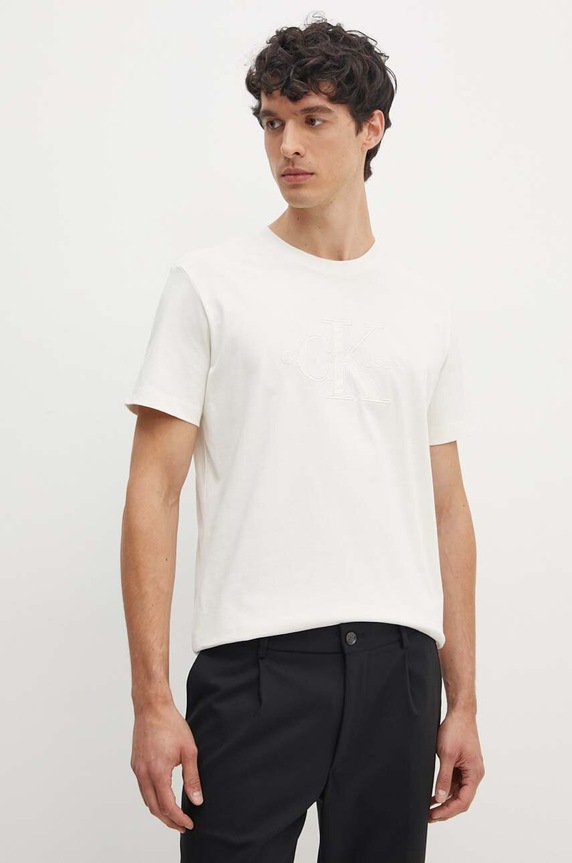 Bavlnené tričko Calvin Klein Jeans relaxed béžová J30J325916
