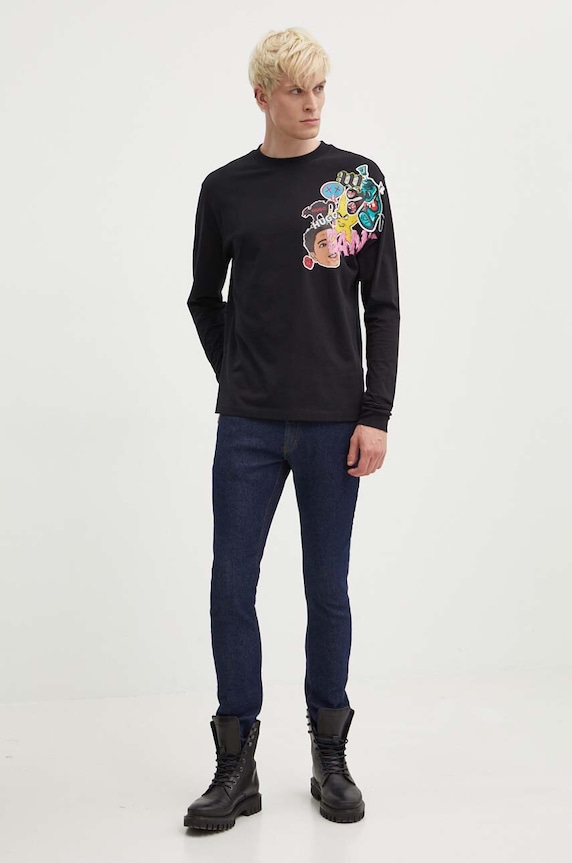 Bavlněné tričko s dlouhým rukávem HUGO 50517639 černá AW24