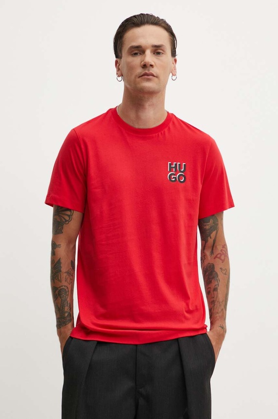 HUGO t-shirt bawełniany nadruk czerwony 50522434