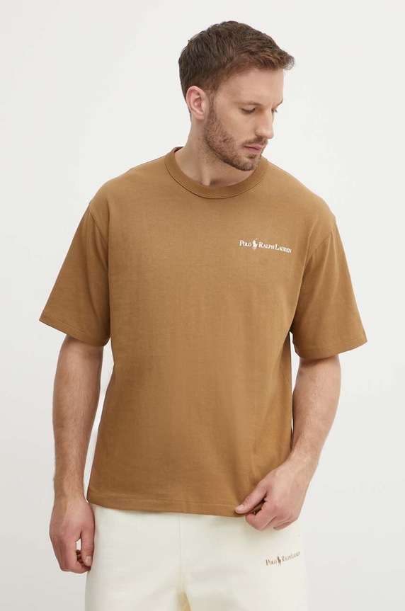 Bavlněné tričko Polo Ralph Lauren kulatý hnědá 710950133
