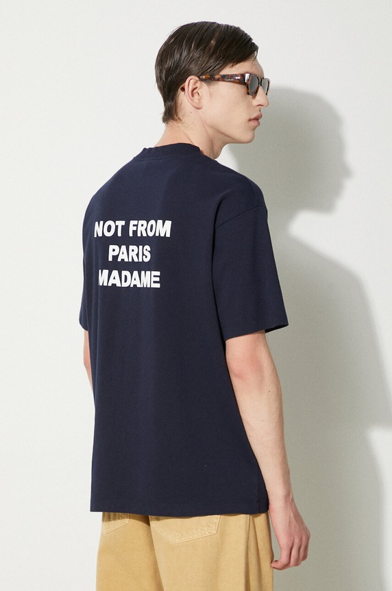 Bombažna kratka majica Drôle de Monsieur Le T-Shirt Slogan Okrogel mornarsko modra PERM.TS203.CO002.NY