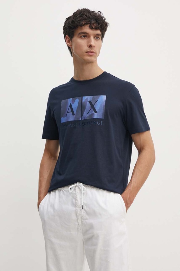 Bavlněné tričko Armani Exchange potisk námořnická modř 6DZTHF.ZJH4Z