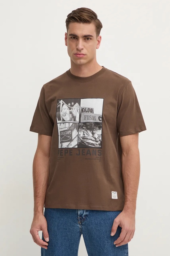 Βαμβακερό μπλουζάκι Pepe Jeans AWEST βαμβάκι καφέ PM509641