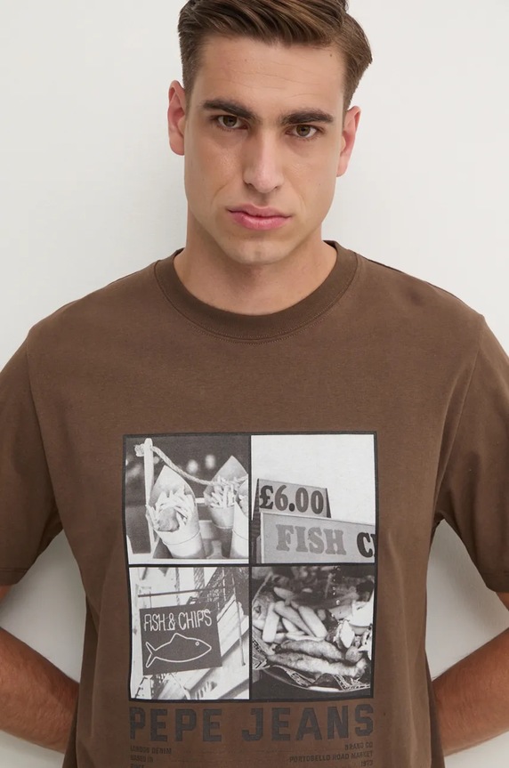 Βαμβακερό μπλουζάκι Pepe Jeans AWEST καφέ PM509641