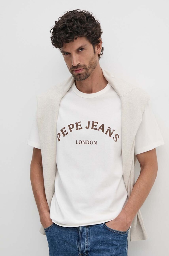 Pepe Jeans t-shirt bawełniany ANWEN B nadruk beżowy PM509711