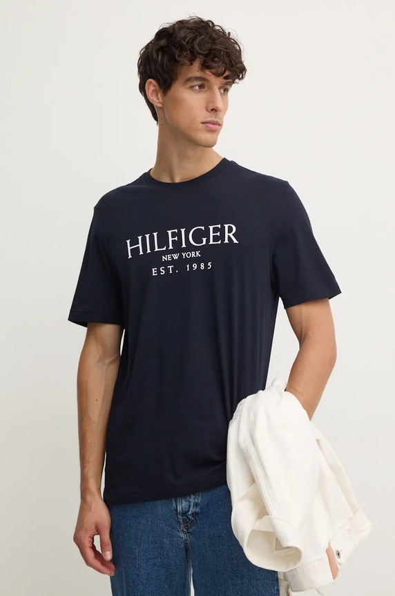 Bavlnené tričko Tommy Hilfiger potlač tmavomodrá MW0MW36499