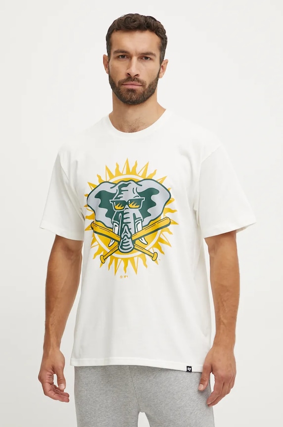 Bombažna kratka majica 47 brand MLB Oakland Athletics Okrogel bež BC018TMYIHQ634063SS