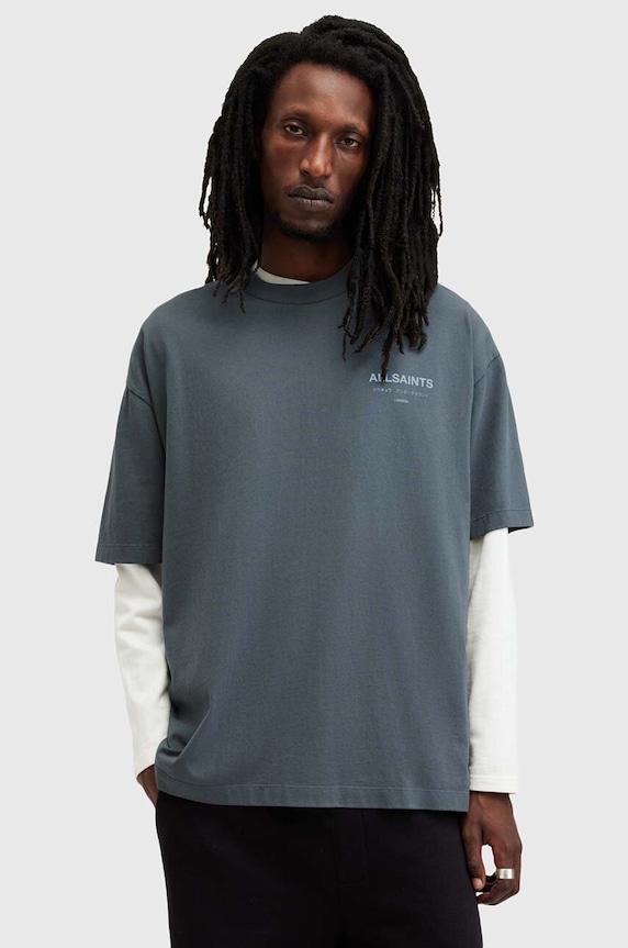 AllSaints Oversize t-shirt ανδρικό βαμβακερό στάμπα μπλε M071PB