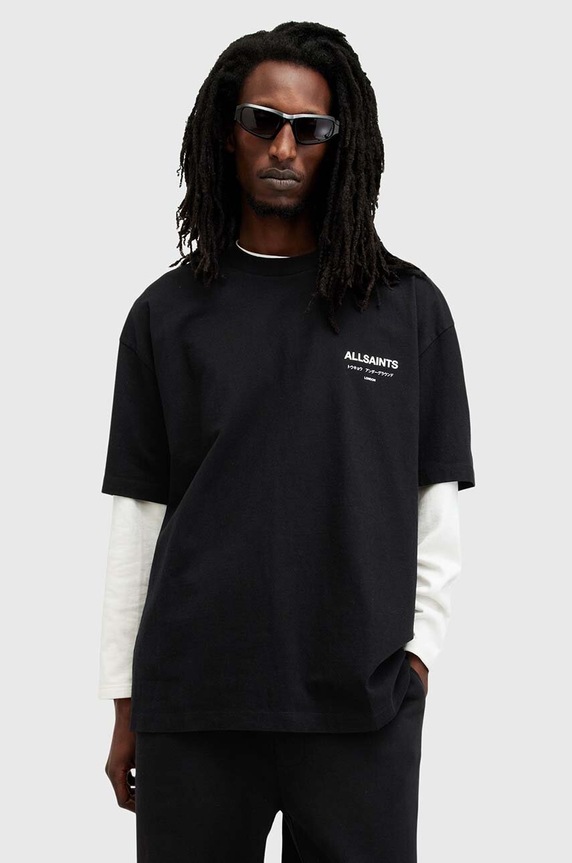 AllSaints tricou oversized bărbătesc din bumbac print negru M071PB