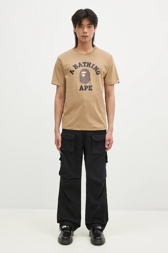 Bavlněné tričko A Bathing Ape COLLEGE TEE 1K80110001 béžová