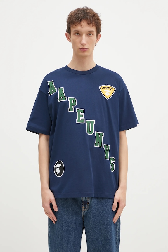 Одежда Хлопковая футболка AAPE Moon Face Logo AAPTEM1548XXN тёмно-синий