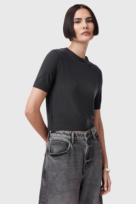 Μάλλινο μπλουζάκι AllSaints ELSIE κανονικό μαύρο W068KC