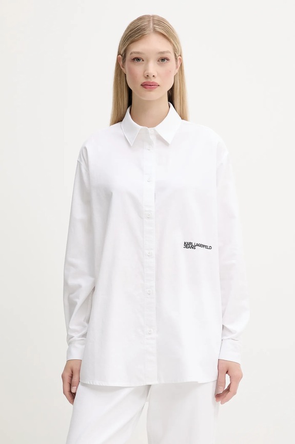 Βαμβακερό πουκάμισο Karl Lagerfeld Jeans μακρύ λευκό A3W11010