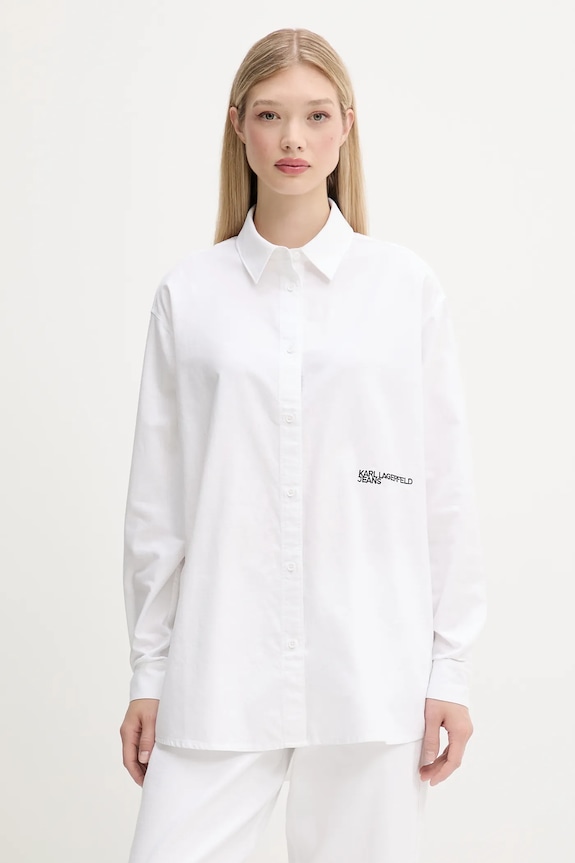 Βαμβακερό πουκάμισο Karl Lagerfeld Jeans μακρύ λευκό A3W11010