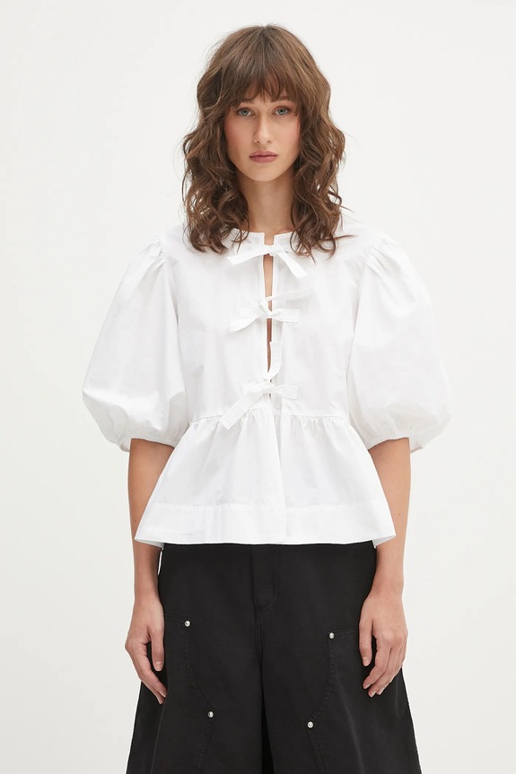GANNI Cotton Poplin Peplum bluzka z falbanką damska bawełniana gładka gładkie biały F7364