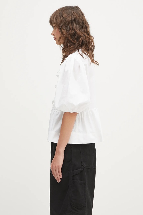 GANNI Cotton Poplin Peplum bluzka z falbanką damska bawełniana gładka F7364 biały AA00
