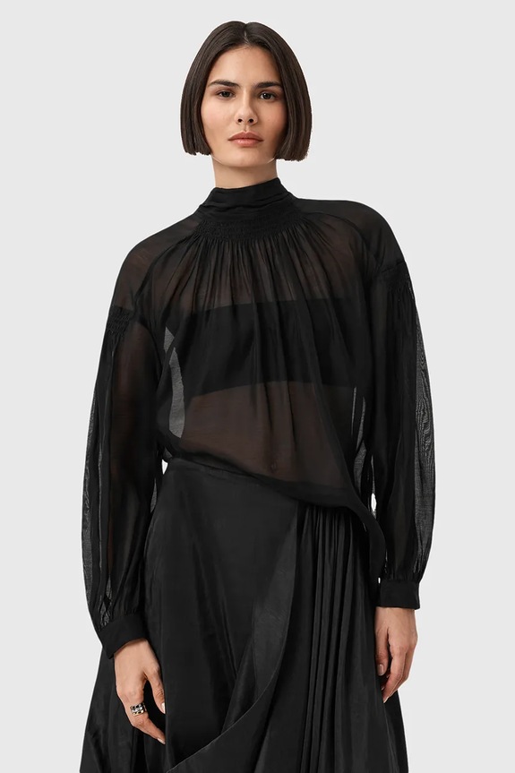 AllSaints bluză din amestec de mătase PEARLA uni negru W027PD