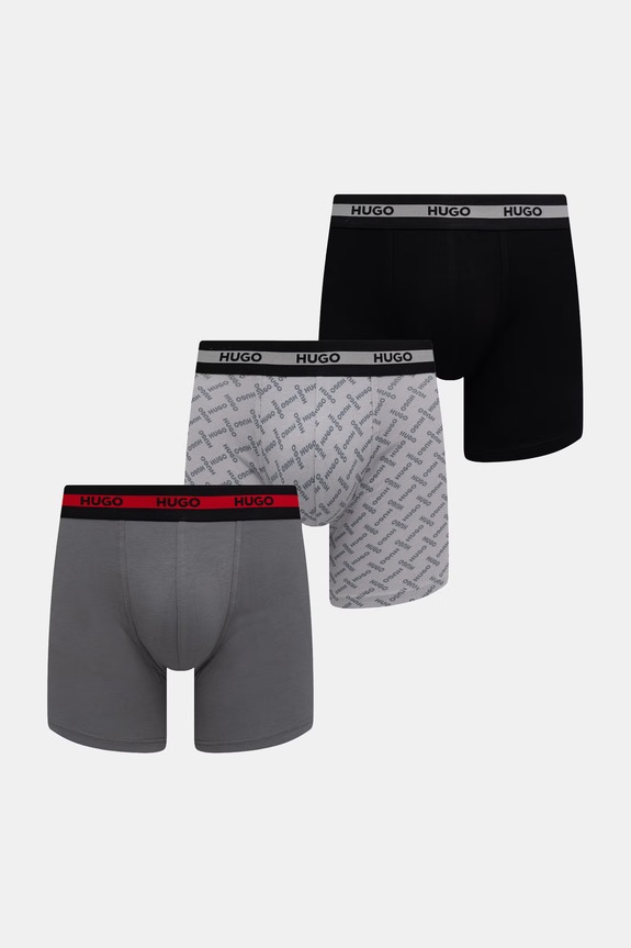 HUGO boksarice moške bombažne z elastanom BOXER BR PLANET DES paket 3 kosov siva 50545674