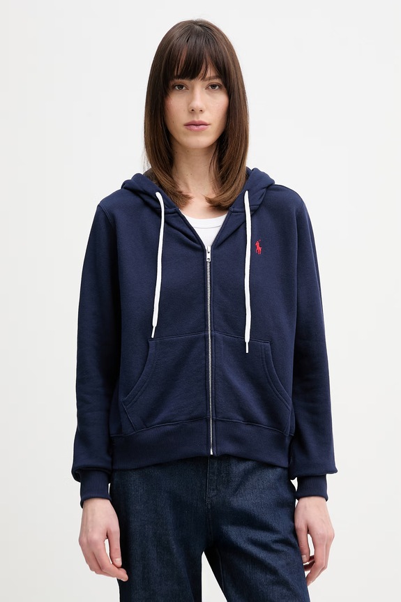Polo Ralph Lauren mikina na zips s kapucňou dámska bavlnená s elastanom tmavomodrá 211971693