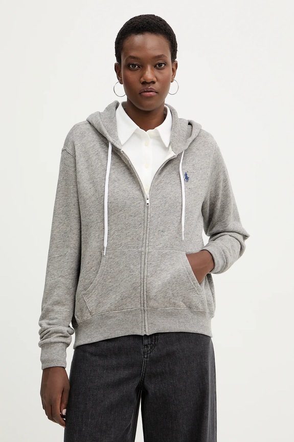 Polo Ralph Lauren mikina na zips s kapucňou dámska bavlnená s elastanom sivá 211971693