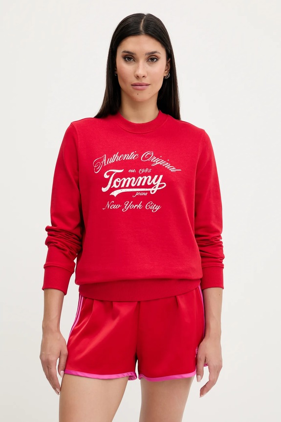 Βαμβακερή μπλούζα Tommy Jeans χωρίς κουκούλα κόκκινο DW0DW20942