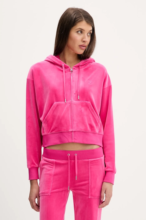 Juicy Couture bluză din velur BRENDAL CROP OVERSIZED HOODIE uni roz JCBAS225801