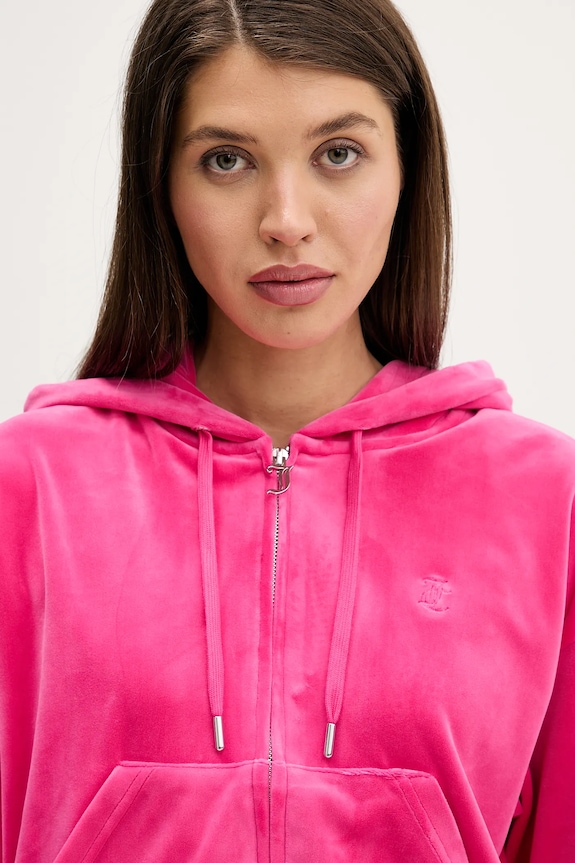 Juicy Couture bluză din velur BRENDAL CROP OVERSIZED HOODIE roz JCBAS225801