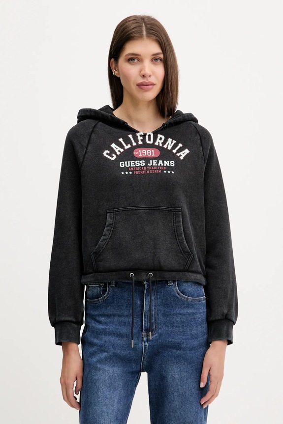 Βαμβακερή μπλούζα Guess Jeans στάμπα μαύρο W5YQ14.KCPR1