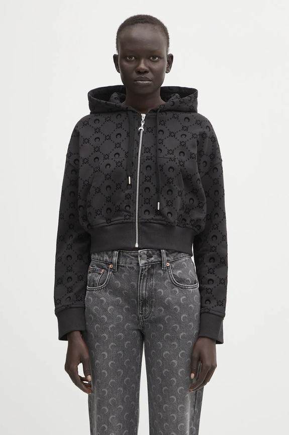 Бавовняна кофта Marine Serre Moonogram Flocked Fleece Cropped Zipped візерунок чорний WST019ACJER0089