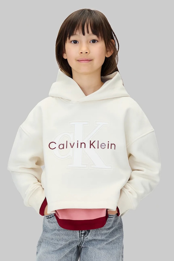 Βαμβακερή παιδική μπλούζα Calvin Klein Jeans με κουκούλα μπεζ IG0IG03018.9BYA