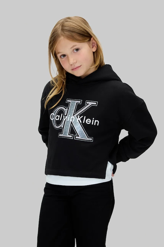 Βαμβακερή παιδική μπλούζα Calvin Klein Jeans με κουκούλα μαύρο IG0IG03018.9BYA