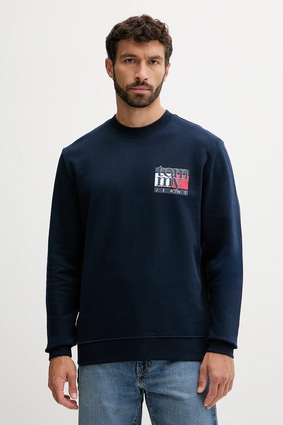 Bavlněná mikina Tommy Jeans bez kapuce námořnická modř DM0DM22093