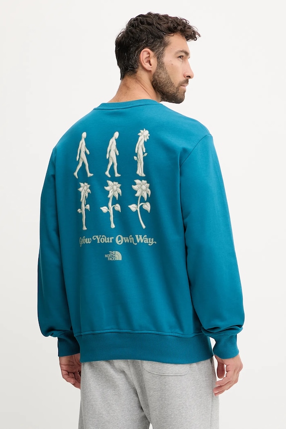 The North Face bluza bawełniana Connect Relaxed nadruk turkusowy NF0A8E3ZBSI1